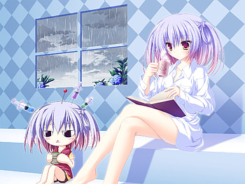 Rainy Day, blue, checkerd, sexy, purple hair, cute, rainy, anime girl, purple, chibi, beautifull, pretty, short hair, flowers, beaut HD wallpaper