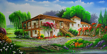 Rural landscape, art, house, landscape, peaceful, vilalge, serenity, summer, quiet, painting, rural, trees, nature, flowers, cottage, calmness, countryside HD wallpaper