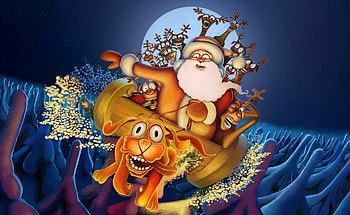Holidays, Santa Claus, Night, Moon, Fir-Trees, Deers, Dog, Christmas, Flight HD wallpaper