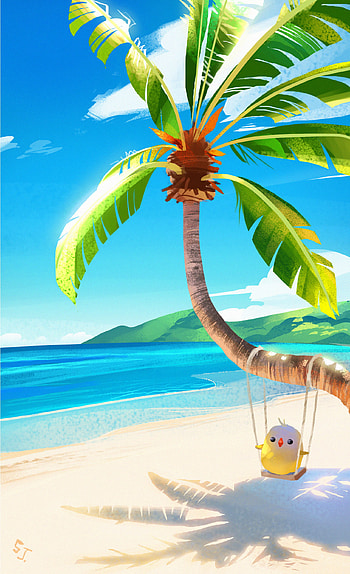 Art, Beach, Bird, Palm, Swing HD phone wallpaper