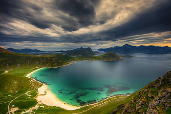 Beautiful Bay, Norway, grass, beach, summer, turquoise, green, clouds, sky, mountains, roads, islands, ocean HD wallpaper