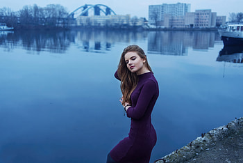Purple Dress Girl Closed Eyes, purple-dress, dress, girls, model HD wallpaper