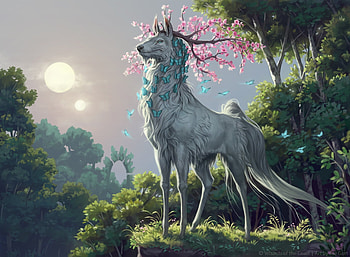 Blossom cervin, cervin, fantasy, ilse gort, art, deer, creature, blossom HD wallpaper