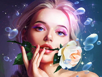 Rose beauty, fantasy, flower, harsh taggar, face, hand, blue, art, girl, rose, pink, luminos HD wallpaper