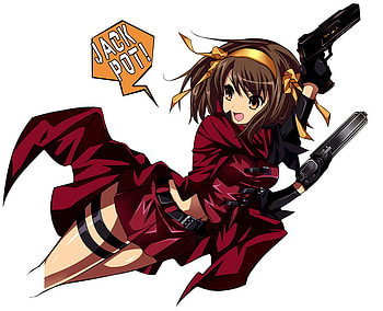 Jackpot Haruhi, white, red, jackpot, guns, haruhi HD wallpaper
