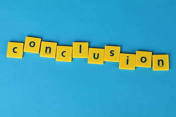 Yellow letter tiles spelling 'conclusion' on a vibrant blue background emphasizing creativity and achievement. HD wallpaper