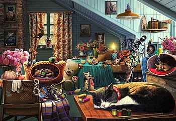 Kitten Play Bedroom, digital, art, toya, window, cats, flowers HD wallpaper