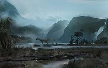 Art, Mountains, Dinosaur HD wallpaper