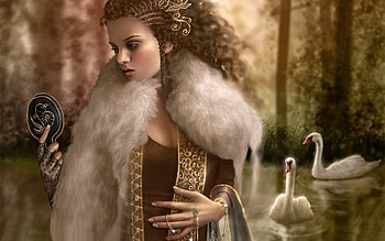 Fantasy, Swans, Girl, Fur, Mirror HD wallpaper