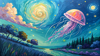 Cosmic Serenity: Ultra of a Dreamy Jellyfish Landscape, jellyfish, painting, galaxy, landscape, surrealism HD wallpaper