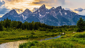 Sunset on the Snake River, Wyoming, mountains, peaks, clouds, trees, sky, meadow, usa HD wallpaper