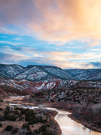 Nature, Rivers, Sky, Mountains, Bush, Snow Covered, Snowbound HD phone wallpaper