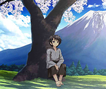 waiting under the cherry blossom tree, background, anime other, cherry, waiting, mount fuji, blossom, tree HD wallpaper