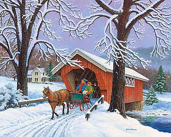 Crossing Over, winter, artwork, horse, sleigh, painting, covered bridge, snow, trees HD wallpaper