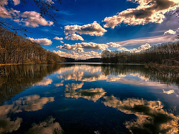 Lake Reflection, reflection, clouds, nature, forest, lake HD wallpaper