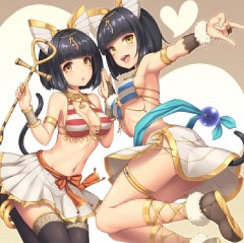 Egyptian Nekos, blue, cross, top, gold, beauty, lady, egyptian, short hair, female, golden, white, smile, skirts, girl, beautiful, tail, black hair, woman, anime girl, anime, red, lovely HD wallpaper