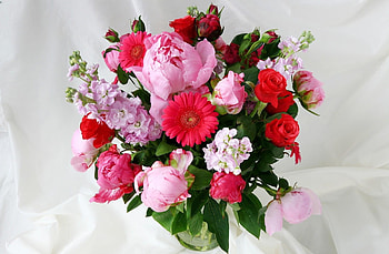 Flowers, Roses, Peonies, Gerberas, Greens, Bouquet, Vase, Gillyflower, Levkoy, Mattiola HD wallpaper