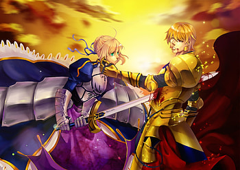 Fate/Zero, Saber vs Gilgamesh, Epic sword fight HD wallpaper