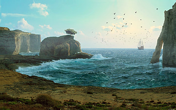 lost sail, boat, grass, cliff, beach HD wallpaper