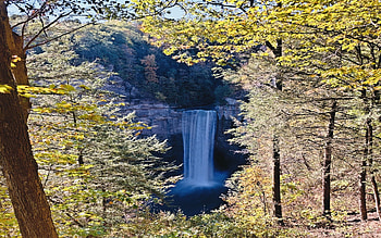 Taughannock Falls, NY, river, leaves, autumn, trees, rocks, water, cascade, usa HD wallpaper