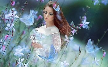 Dreamy Blue, blue, butterflies, white, green, soft, trees, girl, ethereal, delicate HD wallpaper