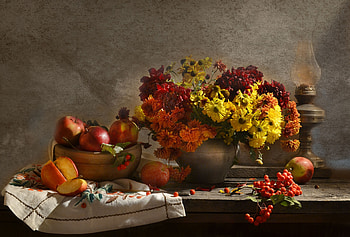 Still life, Lamp, Apples, Flowers, Towel HD wallpaper