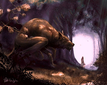 Hunting His Prey, birds, white dress, fantasy, werewolf, forest, woman HD wallpaper