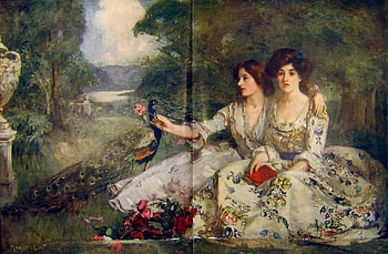 William Mouat Loudan ~ Spring Rose Girls with Peacock 1914, blue, bird, art, william, mouat, girl, spring, woman, rose, pink, painting, red, peacock, loudan HD wallpaper