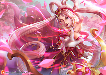 Sona, frumusete, girl, valentine, pink, fantasy, petals, sakura, league of legends, game, luminos, sweetheart HD wallpaper