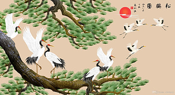 Cranes, painting, art, bird, green, pictura, crane, chinese, pasari HD wallpaper