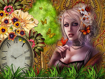 ᗰᗩᗪᗩᗰ ᗷᑌTTᕮᖇᖴᒪY, Abstract, Clock, Tree, Woman, Butterflies, Nature, Fantasy, Grass, Flowers HD wallpaper