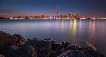 Cities, Stones, Night, City, Lights, Lake, Reflection, Canada, Toronto HD wallpaper