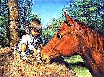 Come and Eat, horse, girl, friends, tree HD wallpaper