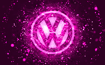 Volkswagen purple logo, , purple neon lights, creative, purple abstract background, Volkswagen logo, cars brands, Volkswagen HD wallpaper