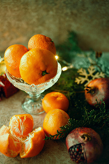 Fruits, Food, Tangerines, Branch, Garnet, Pomegranate, Thuja HD phone wallpaper