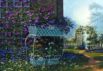 The Corner Garden, flowers, painting, fence, house HD wallpaper