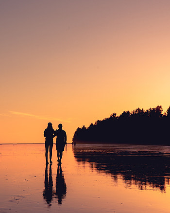 Sunset, Love, Reflection, Shore, Bank, Couple, Pair, Stroll HD phone wallpaper