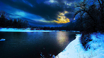 Leavenworth Washington, river, snow, clouds, trees, sky, usa, sunrise, ice HD wallpaper