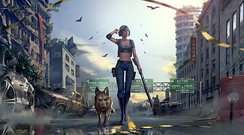Girl With Gun Walking Downtown With Dog, artist, artwork HD wallpaper