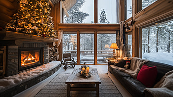 Cozy Winter Cabin: Ultra, cozy cabin, fireplace, christmas tree HD wallpaper
