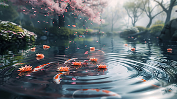 Serene Koi Pond: A Tranquil with Fall Leaves, water, koi, fish, fall leaves, serenity HD wallpaper