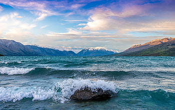 Lake Ohau, glacier mountains, waves HD wallpaper