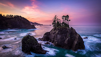 Coast, sunset, pink sky, rocks, nature HD wallpaper