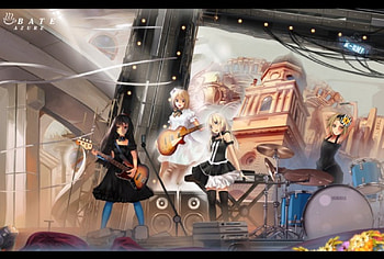 Let's Rock, yui, drum, guitar, dress, band, music, scenery, piano, group, scenic, concerts, female, k-on, instruments, akiyama mio, scene, kon, ritsu, keyboards, stage, girl, mio, anime girl, anime, gown HD wallpaper