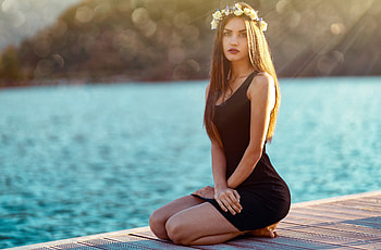 Brunette Girl In Black Dress Sitting At Pier Side, black-dress, pier, girls, model, long-hair HD wallpaper