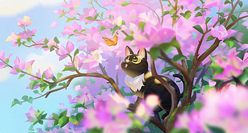 Spring, pink, erin lin, pisici, butterfly, fantasy, cat, tree HD wallpaper