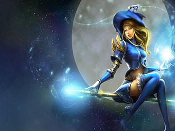 the blue witch, blue, sexy, broom, witch, anime girl, anime, moon, light, fly, women, female HD wallpaper