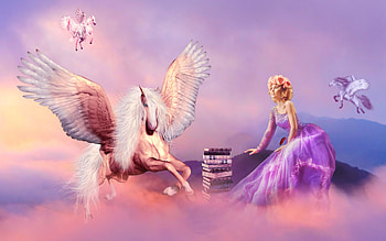 Fantasy girl, Horse, Pink, Heaven, Hills, Books HD wallpaper