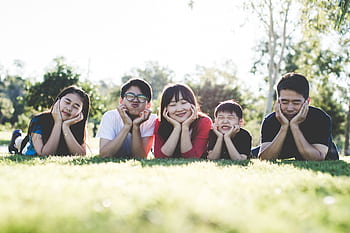 Asian family posing happily on the grass in a sunny park, showcasing love and togetherness. HD wallpaper