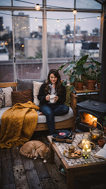 Cozy Evening : Vinyl, Tea & String Lights, woman HD phone wallpaper